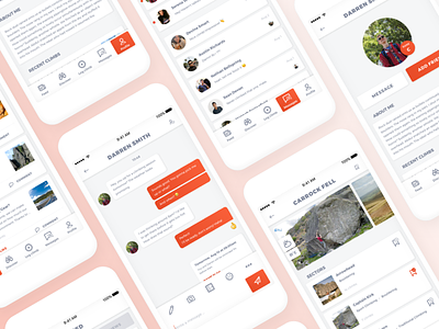 Climbing app with Social Media aspects climbing climbing app discover explore messages mobile ui news feed orange social media ui ux