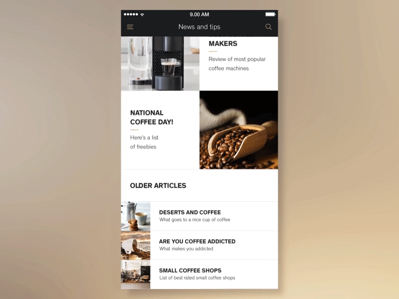 News Tips Animated ae after effects clean coffee dark gif gold grid ios news shop tips