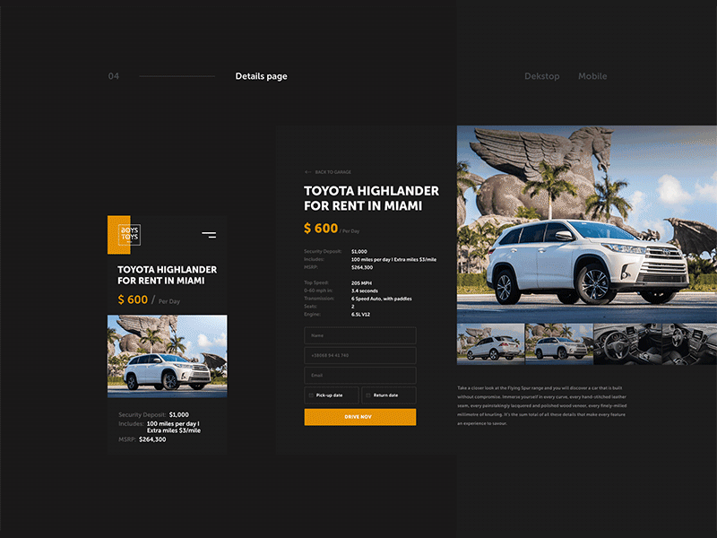 BoysToys - Details Page after effect car concept design luxury miami orange photoshop rental supercars ui ux ui design web