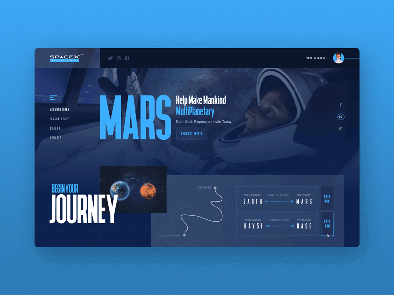 SpaceX : Mission to Mars 🚀 blue branding dark design earth elon musk exploded grid gif journey mars mockup moon new red dragon space spacex travel trending ui web