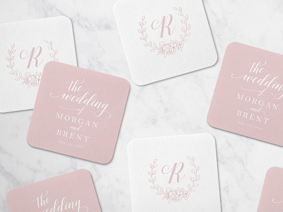 Blush Pink Wedding Coasters blush coaster floral flower laurel marble monogram pink script typography wedding wreath