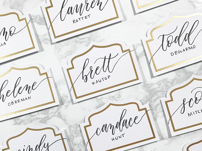 Corporate Party Placecards black calligraphy foil gold handlettered handwritten marble placecard sans serif script white