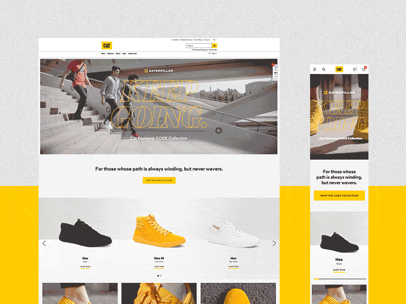 Cat Footwear CODE Landing Page carousel design digital ecommerce landing marketing responsive responsive design responsive layout retail shoe slider typography ui video web yellow