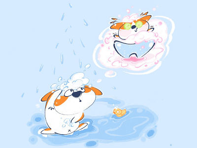 take a shower / bubble bath clean corgi cute design doggie dream friends illustration wash