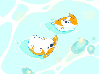 summer swimming corgi corgis couple doggie friends illustration river swim