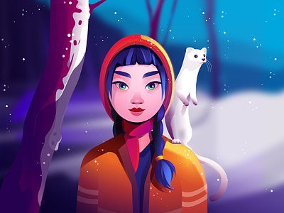Snow girl and the weasel animal animals asian girl eye gradient illustration snow sunlight vector visual weasel woman