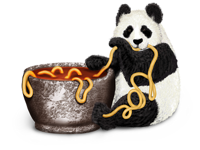 Tiny Panda Eating Big Bowl of Noodles