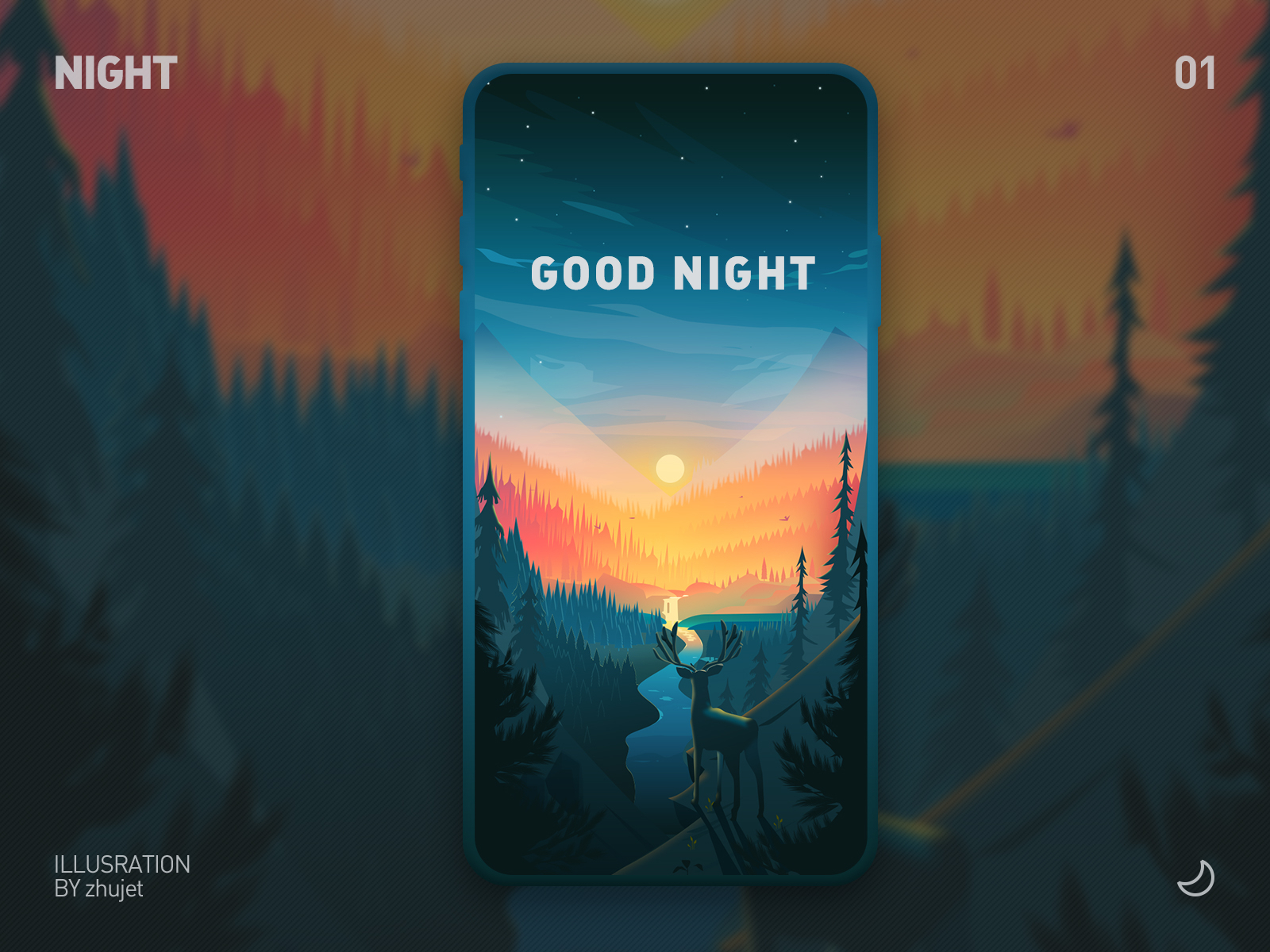 Forest night design forest illustration jet male deer night