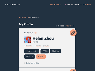 Profile Page flat grid minimal profile website wireframe