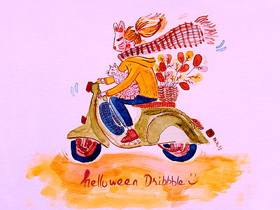 Helloween Dribbble illustration scooter watercolor