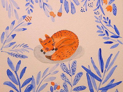 Early winter sleep fox ikblue painting watercolor