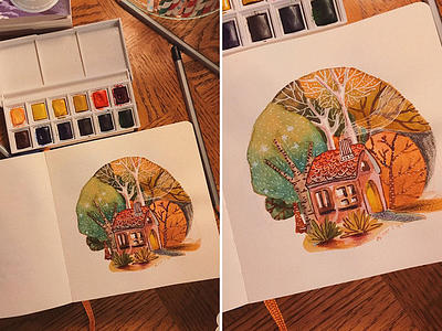Dans la forêt coloredpencil forest handpainting house painting watercolor