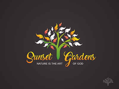 Sunset Gardens Logo Design brown gardens green logo design nature orange red sunset tree