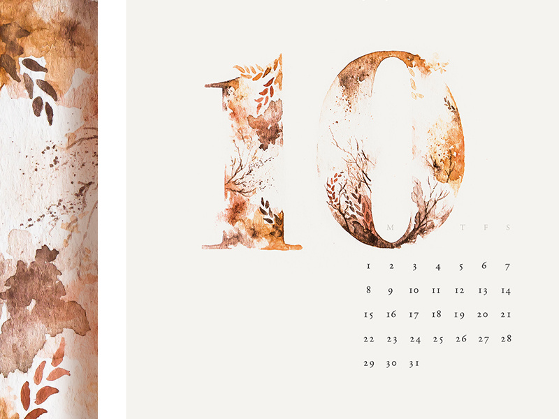 October watercolor typography painting numerals month floral collaboration calendar art 2017