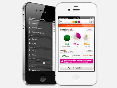 App for a phone operator credit flyin menu ios menu monitoring phone