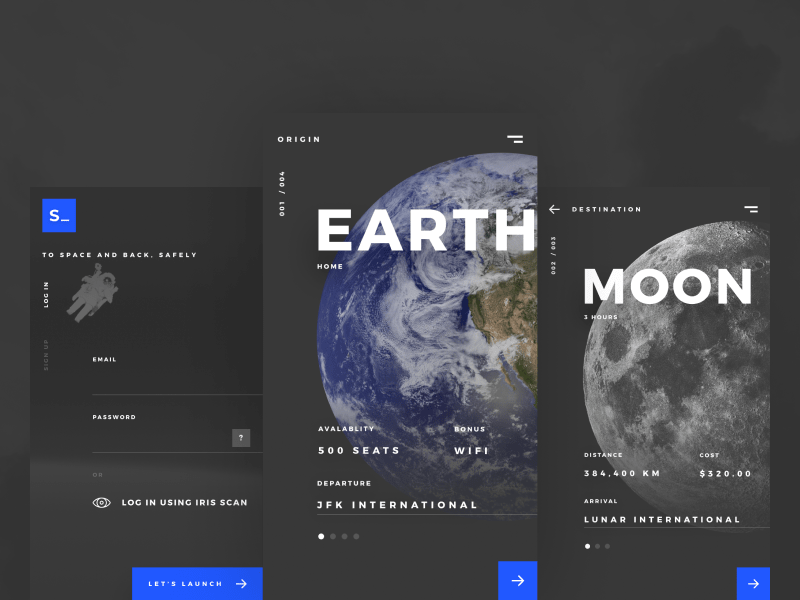 Spaced App Concept travel spacex spacedchallenge space sci-fi moon design dark booking ux ui app