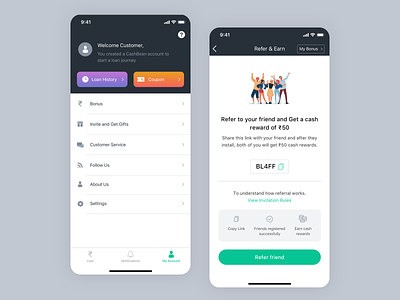 Loan App Refer Earn UI design iphone x my account refer and earn referral sketch ui