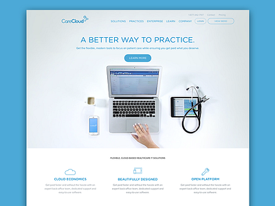All new CareCloud.com blue brand cloud healthcare homepage sketch web website