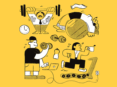 Workplace Gym character clock coffee conference exercise gym illustration laptop meeting muscles office office space sweaty towel treadmill water bottle weights workout workplace zoom