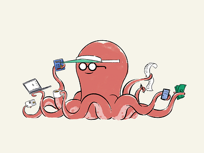 Red Octopus accounting analytics animal business busy calculator coffee computer data finance hard multi multitasking octopus receipts sea strategy tentacle underwater work