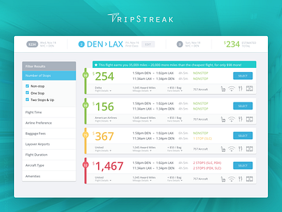 Tripstreak Flight List travel ui webapp