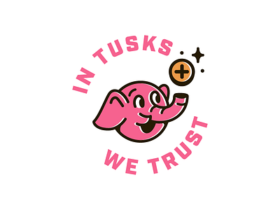 In Tusks We Trust 🐘 badge branding coin color elephant focus lab identity logo pink tusks
