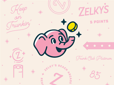 Friendly Lil' Mascot arcade arrow badge coin elephant hand lettering mascot script stars winning zelkys
