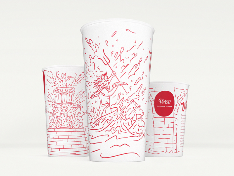 Pinsa Case Study cup focus horses logotype logo script lettering pizza fountain mockup illustration drink