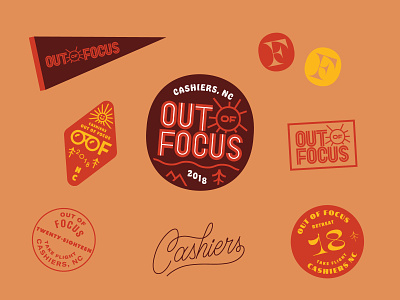 Out of Focus: Random Badges and Such badge badges branding f focus lab hand lettering lettering mountains north carolina out of focus pennet script sun swash type