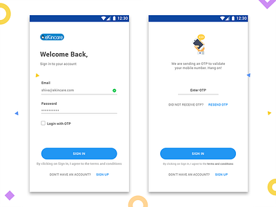 Sign In / Login Screens app ekincare login mobile otp signin ui