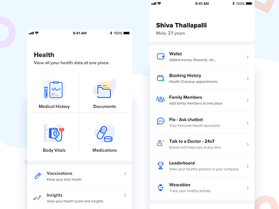Health app new design app data grid health healthcare icons list medical mobile page profile tabs view