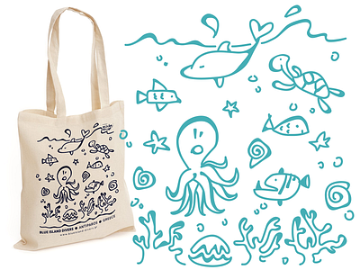 Tote Bag Illustration corals creatures diving dolphin doodle illustration octopus scuba sea shells