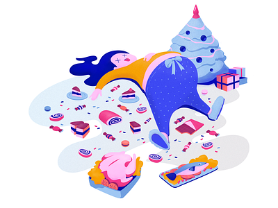 Post holiday struggle belly christmas cute design flat food holidays illustration pastels sweets vector vector artwork