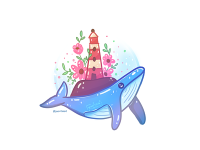 Whale and a Floral Lighthouse animal animal illustration floral island lighthouse marine animal whale