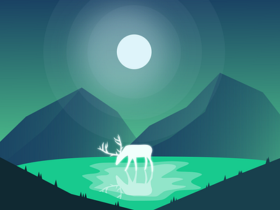 Moonlight Deer deer gradent illustration landscape light minimalism minimalist design moon moonlight mountain nature night scenery vector art