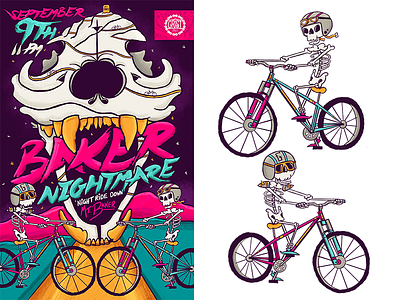 Baker Nightmare Poster 70s biking blue bright grunge pink poster skeleton skull
