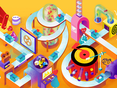 Work with Love colorful conveyor belt factory illustraion isometric art isometric illustration lovecraft textures workspace