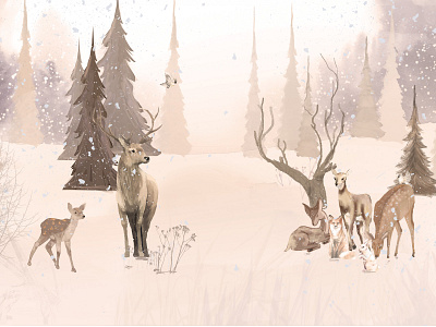 A Deer family in the winter forest. animal cute design digital graphic design illustration wall winter