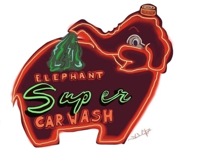 PINK ELEPHANT CAR WASH electric electricity elephant glow hum neon pink seattle sign signage tourism typography