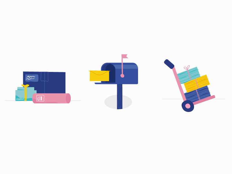 Shipping Illustrations drawing letter box mailbox shipping mailing packages trolly paper envelope illustration