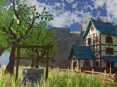 Low poly Medieval House scene Low-poly 3D model 3d art cloud environment exterior flower forest game grass house landscape lowpoly mountaon nature rock sky