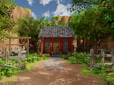 Red House Scene 3D model 3d art barrel blender cliff environment exterior fence flower forest house lamp landscape nature plants rocks tree water well wood box