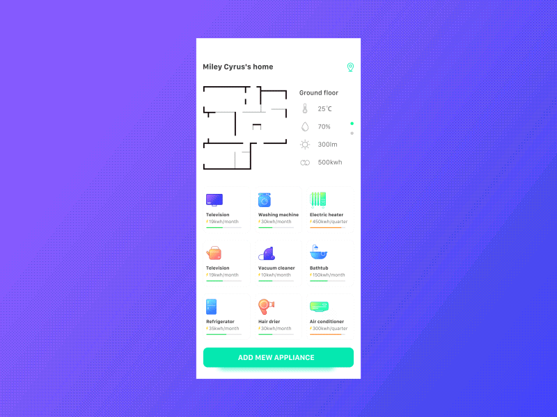 Smart home application app card choice control data demo display electrical equipment gif ui ux