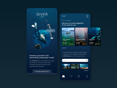 Diver Oasis App Concept app concept design dive diver diving fish indonesia interface mobile travel ui underwater vacation water web webdesign website