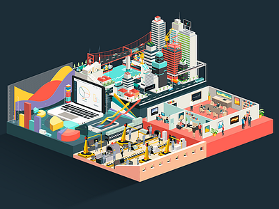 Connected Insight isometric illustration bridge buildings charts data factory illustration industrial iphone isometric macbook office working