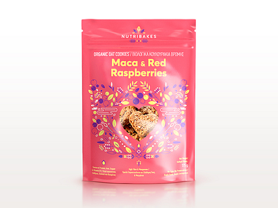 Nutribakes maca & Red raspberries packaging cookie cookies design illustration mockup pack packaging pattern super foods