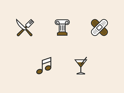 Hostel Icons cocktail column drink eat fork icons museum music note pharmacy pin symbols