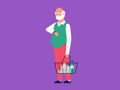 Impatient Grandpa animation character design illustration old man supermarket cart time watch