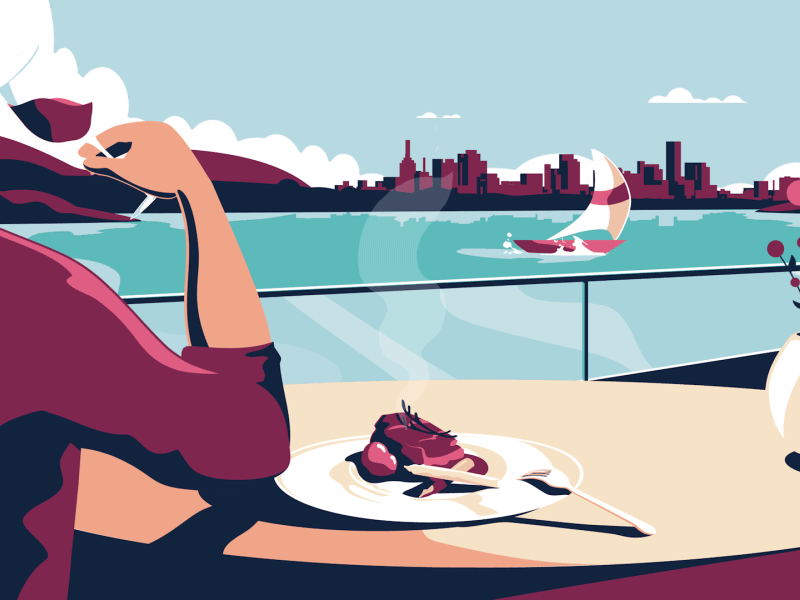 Lunch with a view american express amex animation boat buildings card cel food frame by frame sea style frame wine