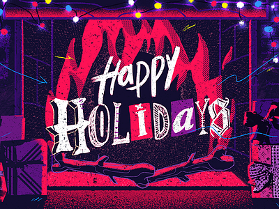 Happy Holidays cel animation christmas e card fire fireplace gifts holidays lettering log presents typography yule